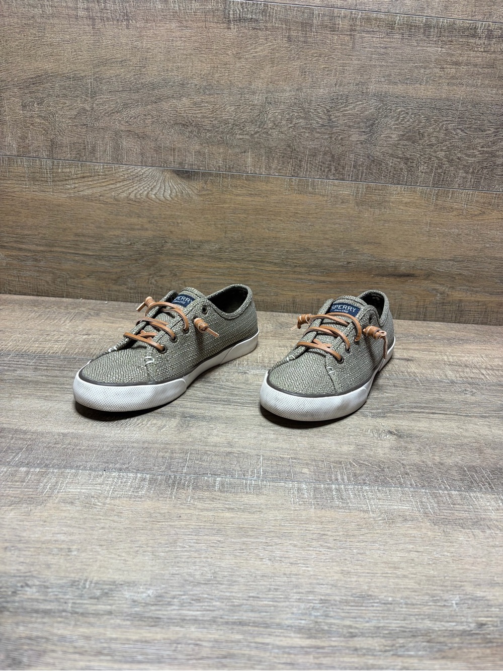Sperry Women's Olive Canvas Boat Shoes with Tan Laces